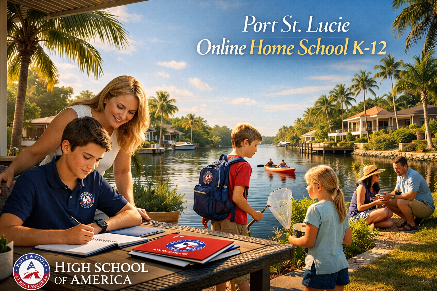 Port St. Lucie family homeschooling by a Florida canal