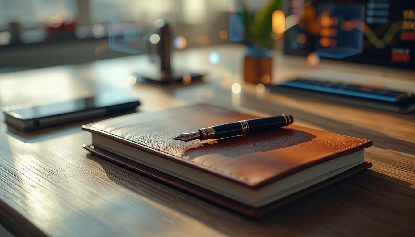 Caderno de notas e caneta clássica cercados por hologramas