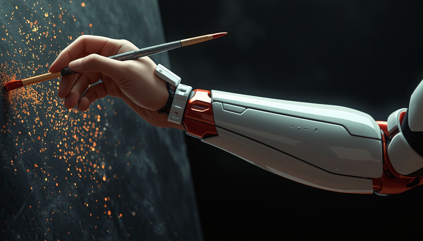 Mão humana operando um pincel através de um exoesqueleto robótico