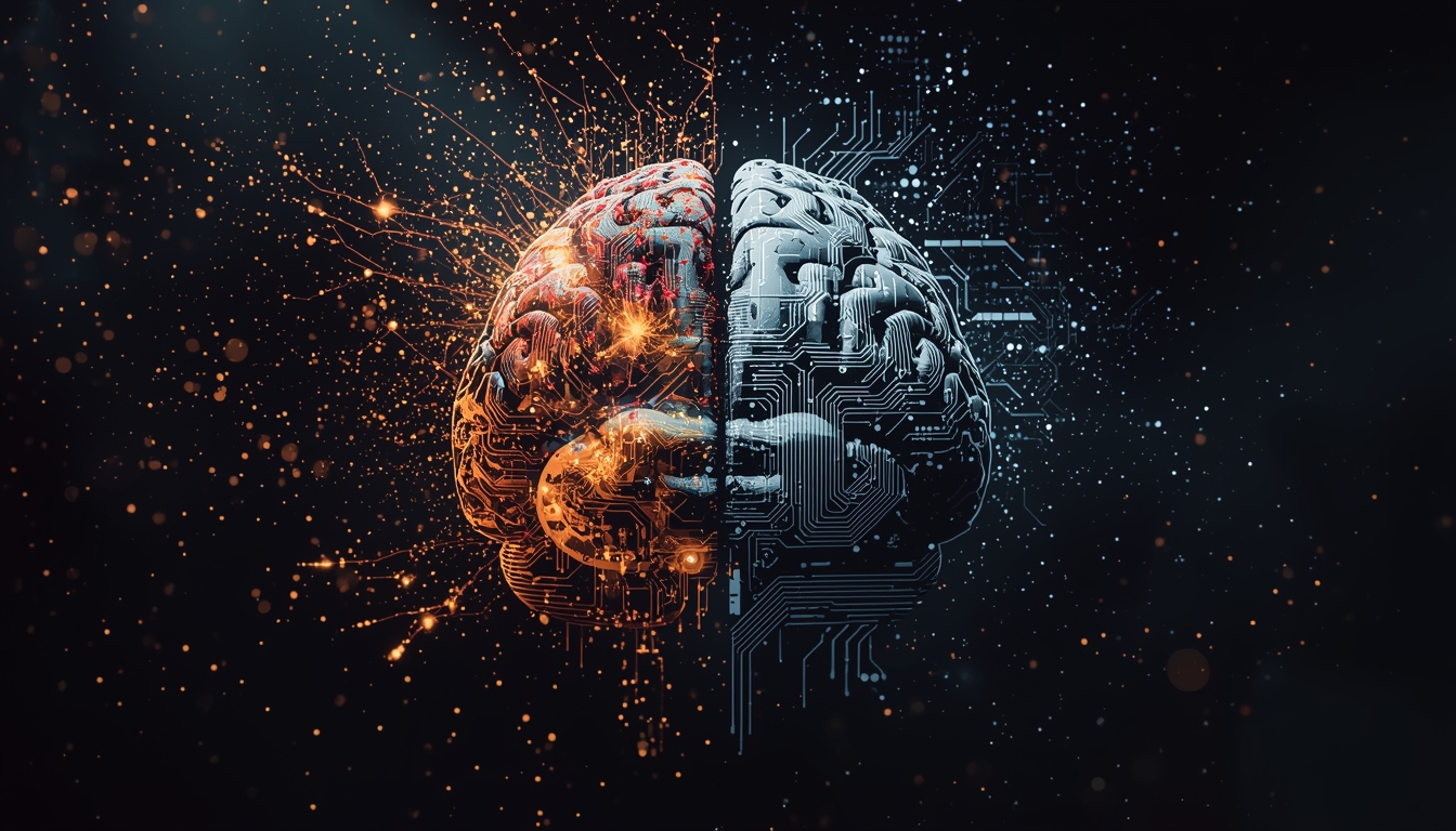 Split human brain illustration showing organic neurons dissolving into silicon circuits, representing the cognitive risks of uncritical AI adoption