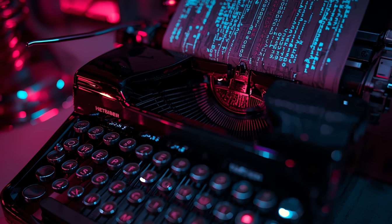 Máquina de escrever clássica com papel feito de luz e código digital binário