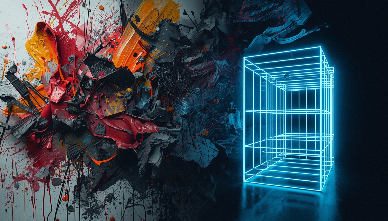 Human chaos vs AI order — organic brushstrokes versus geometric precision