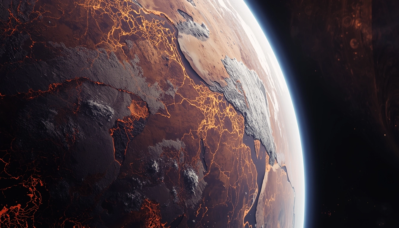 Macro photograph of a planet's surface — molten lava veins glowing in crystalline terrain