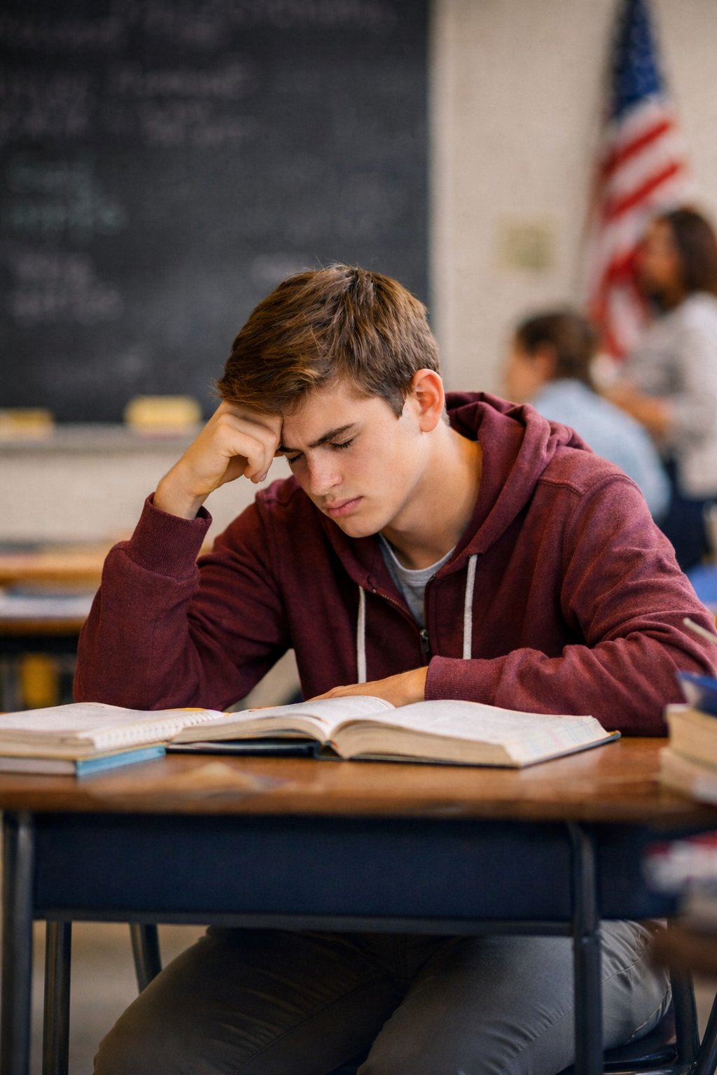 A stressed student studying at home
