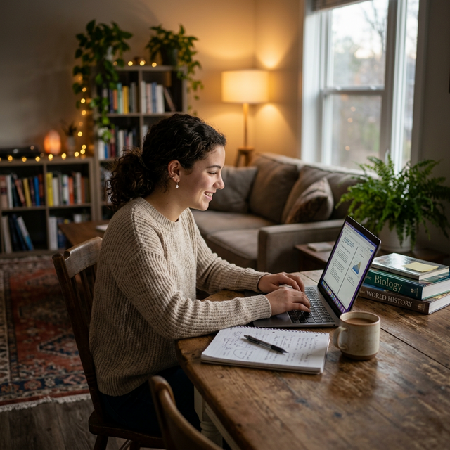 Happy student thriving in a safe K-12 online homeschool environment without bullying