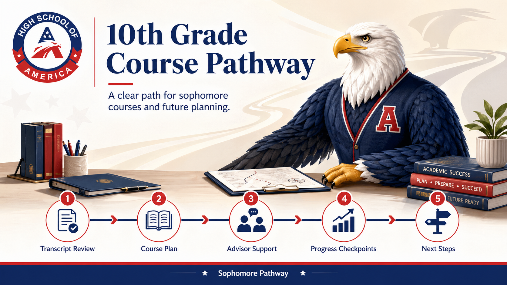 10th Grade Online Course Pathway from High School of America showing core sophomore subjects <a href=