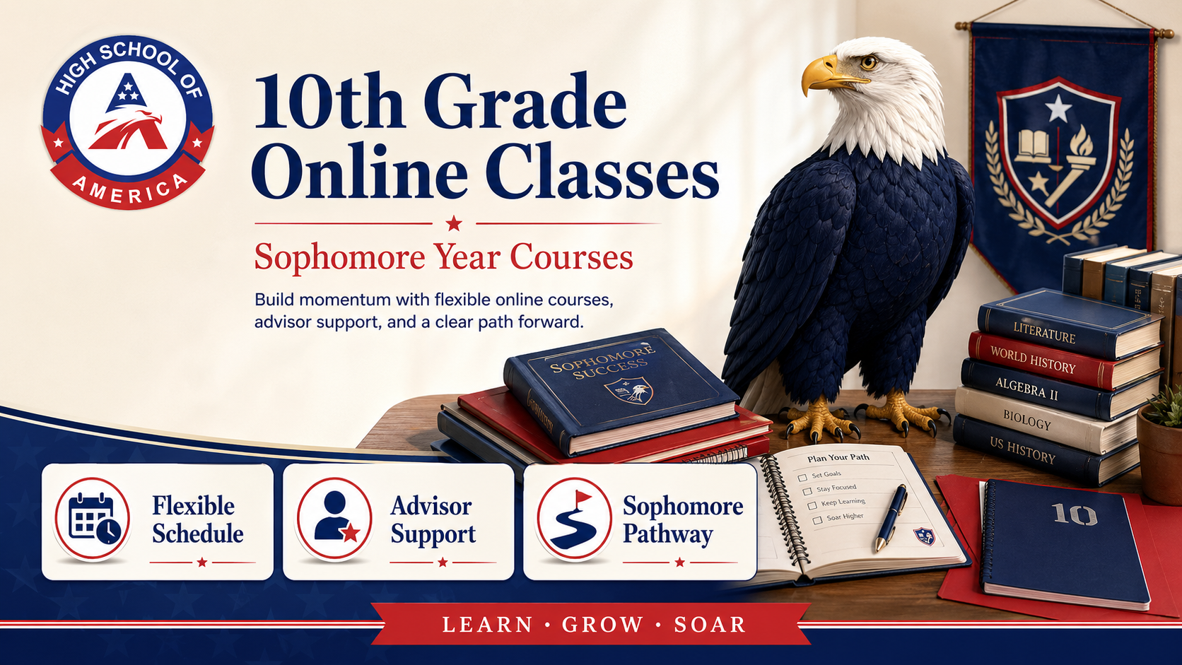 10th Grade Online Classes from High School of America. Sophomore year online with flexible courses, advisor support, transcript review, and a clear graduation pathway.