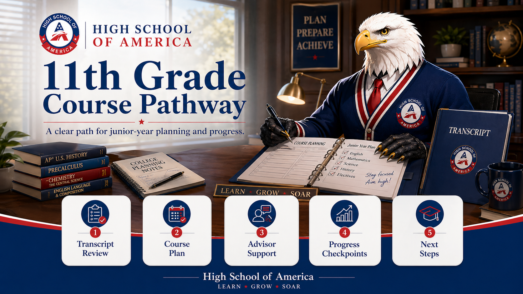 11th Grade Online Course Pathway from High School of America showing core junior subjects English III, Algebra II or Pre-Calculus, Chemistry, and U.S. Government plus electives and dual-enrollment options.