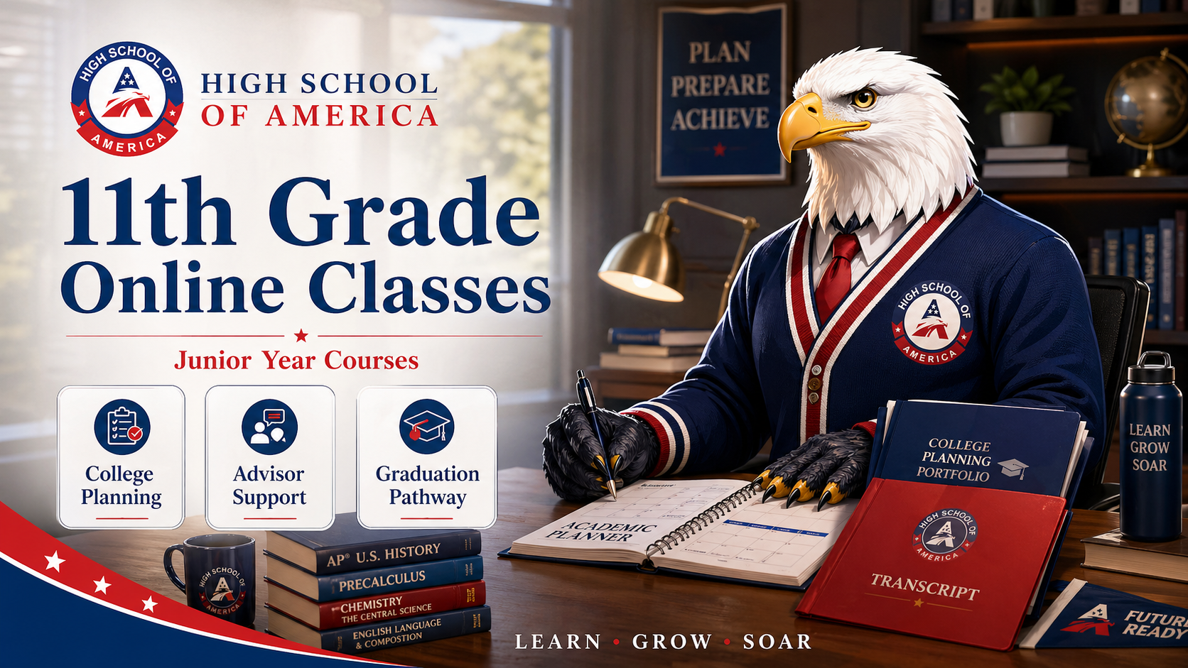 11th Grade Online Classes from High School of America. Junior year online with flexible courses, advisor support, transcript review, college planning, and a clear graduation pathway.