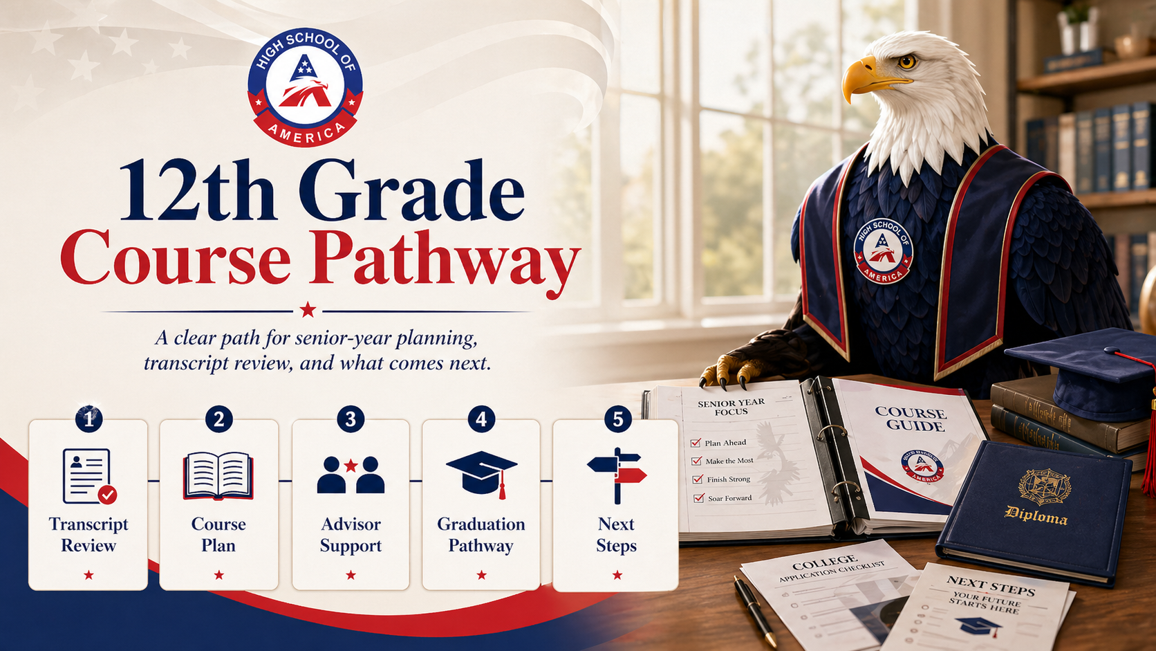 12th Grade Online Course Pathway from High School of America showing core senior subjects English IV, Pre-Calculus or Calculus, Physics, and U.S. Government plus electives, dual-enrollment options, and capstone work.
