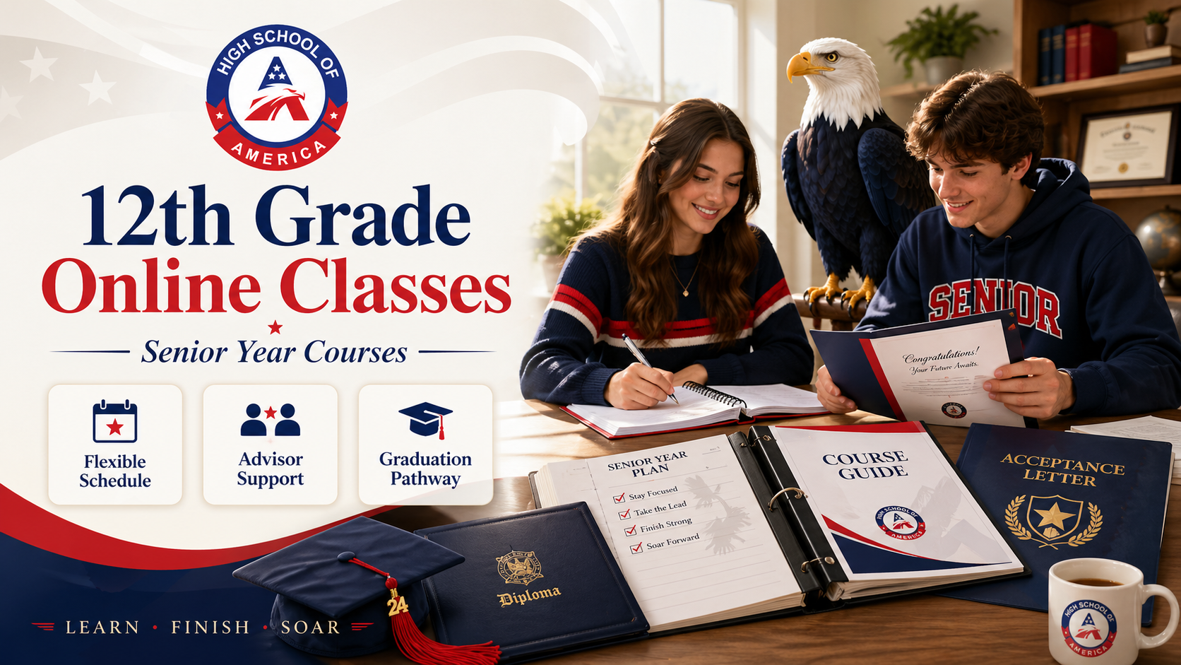 12th Grade Online Classes from High School of America. Senior year online with flexible courses, transcript review, graduation planning, advisor support, and a clear path toward what comes next.