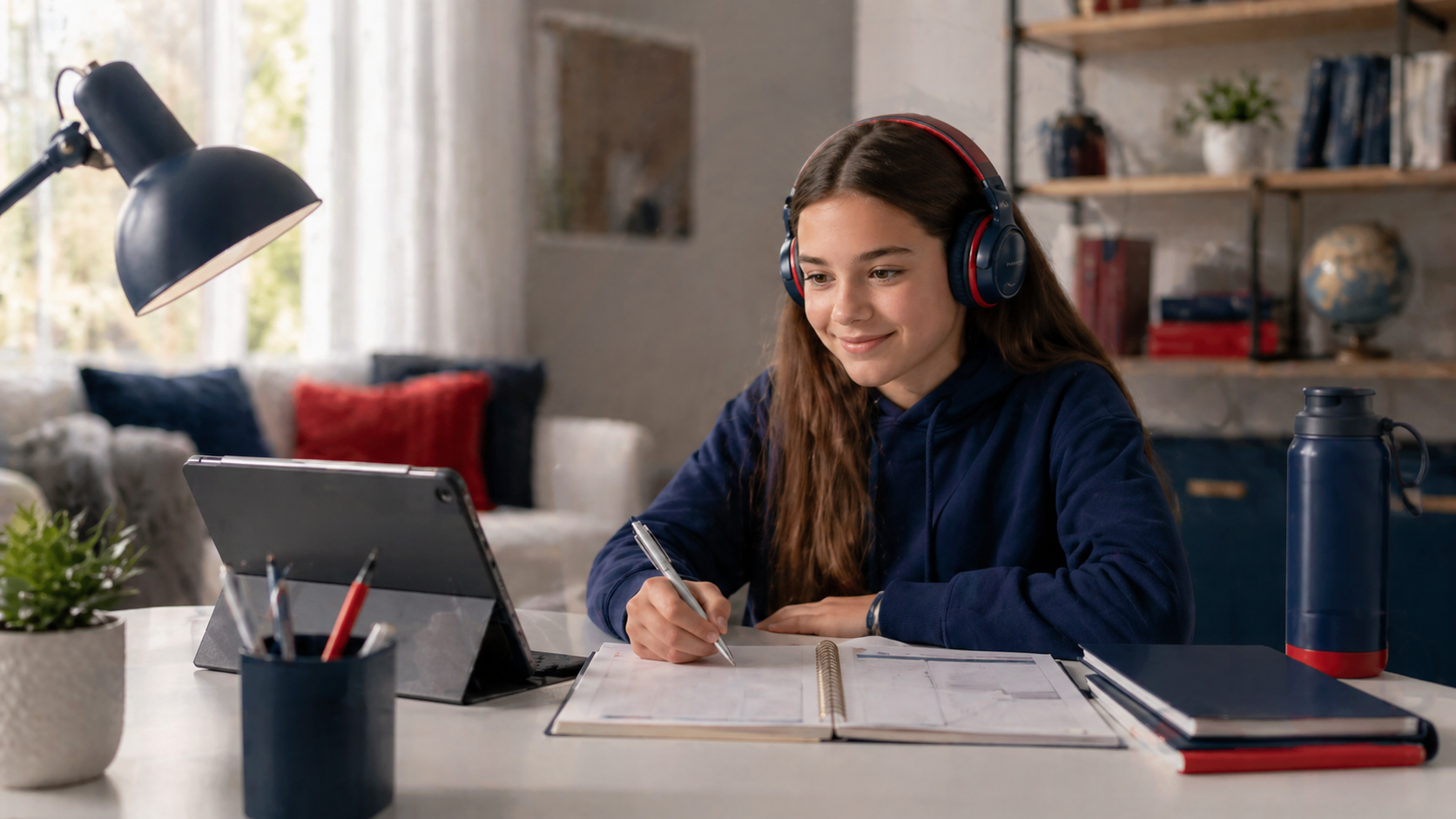 Flexible 7th grade online learning from High School of America. Middle school student writing in a notebook beside a tablet with headphones, working at her own pace from a calm home study setup.