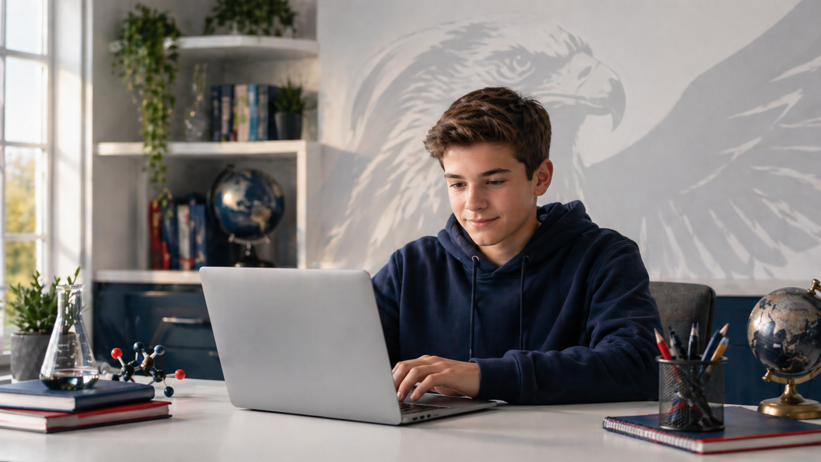 7th Grade Online Courses from High School of America. Middle school student working at a laptop at home, with the High School of America eagle silhouette in the background. Flexible classes, parent visibility, advisor support, clear path toward 8th grade.