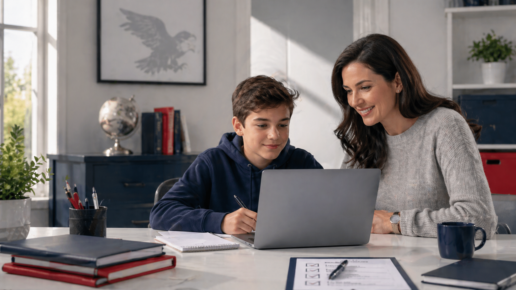 Parent visibility for 7th grade online from High School of America. Mother and middle school son reviewing coursework on a laptop together at home, with the eagle artwork visible on the wall.