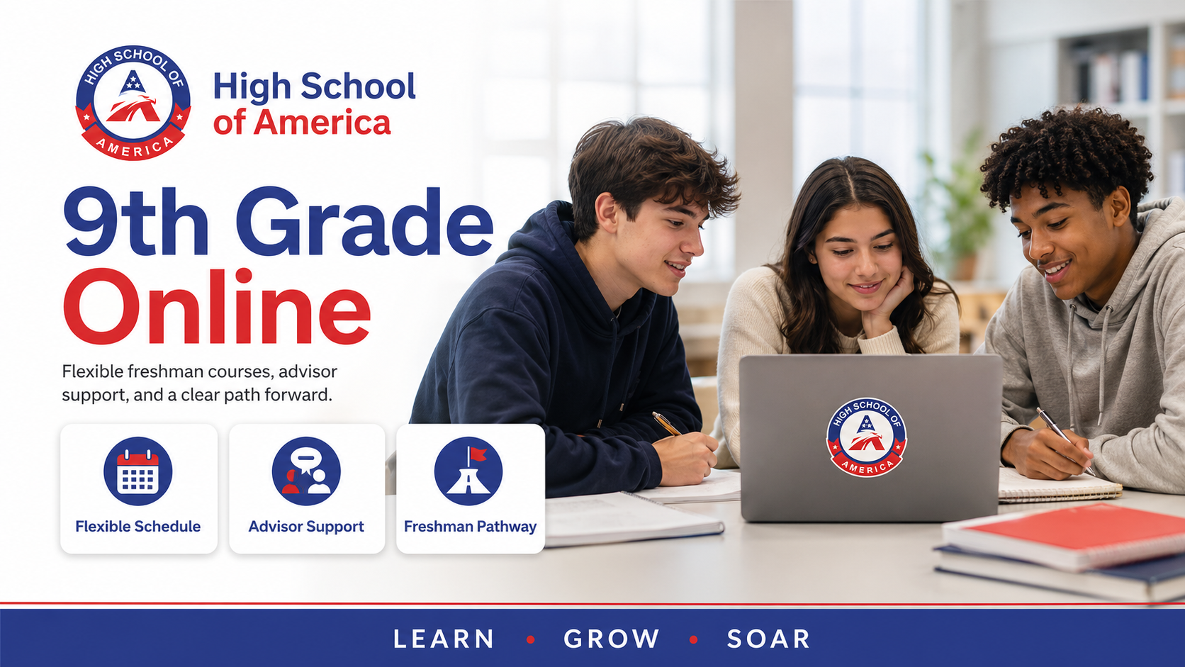 9th Grade Online Classes from High School of America. Freshman year online with flexible courses, advisor support, transcript review, and a clear graduation pathway.