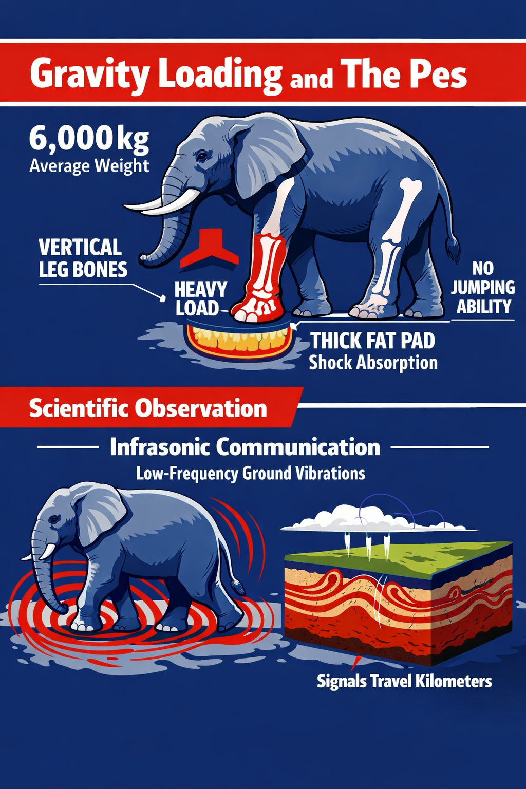 Anatomy diagram explaining elephant gravity loading, vertical leg bones, and infrasonic ground communication signals.