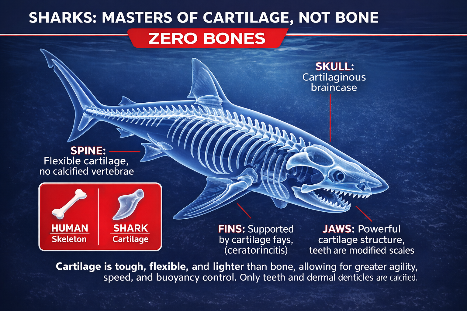 Anatomy infographic of a shark skeleton explaining why they have zero bones and are masters of cartilage for agility and speed.