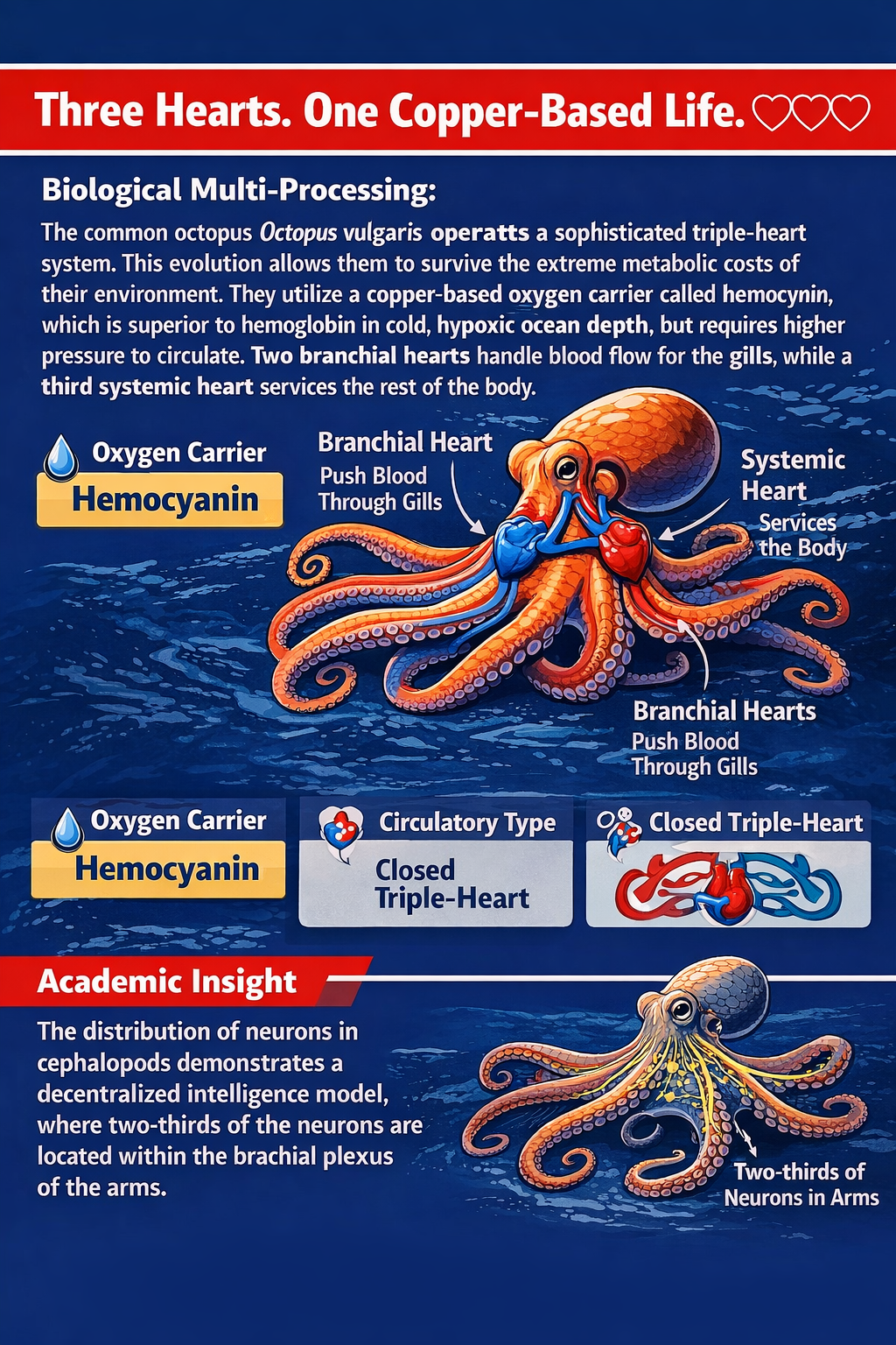 Biological infographic about octopus anatomy showing the triple-heart system, blue hemocyanin blood, and decentralized intelligence.