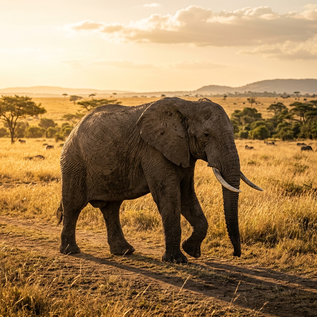 Majestic African elephant walking through the savanna during golden hour, highlighting the detailed texture of its skin and the serene landscape.