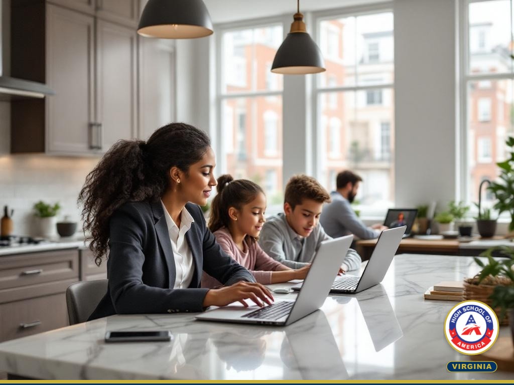 Alexandria professional family with children doing online schoolwork in townhouse