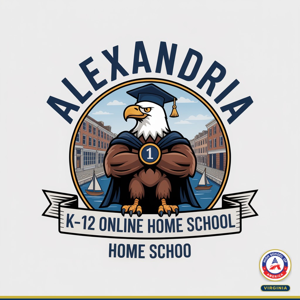 Alexandria K-12 Online Home School HSOA eagle mascot with historic Old Town buildings and Potomac River
