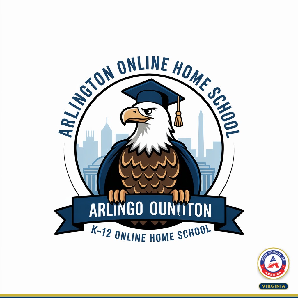 Arlington K-12 Online Home School HSOA eagle mascot with Pentagon and National Landing skyline