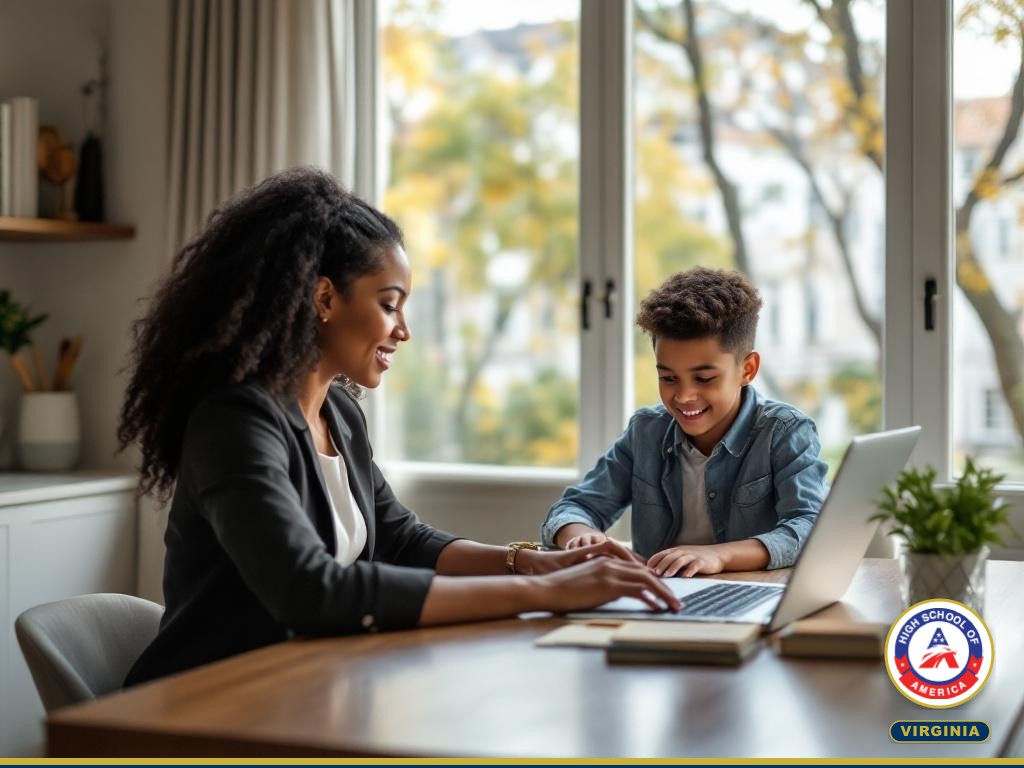 Arlington professional family with student doing online schoolwork