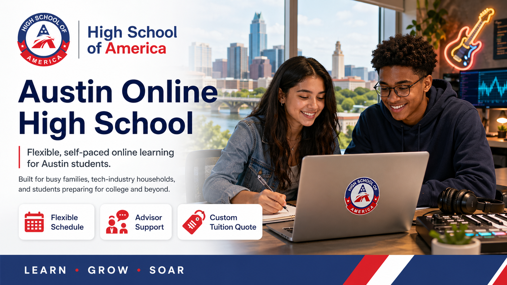 Austin Online High School from High School of America. Austin skyline with Capitol dome and UT Tower, tech corridor cue, eagle crest branding, and academic planning dashboard for accredited grades 9 to 12.