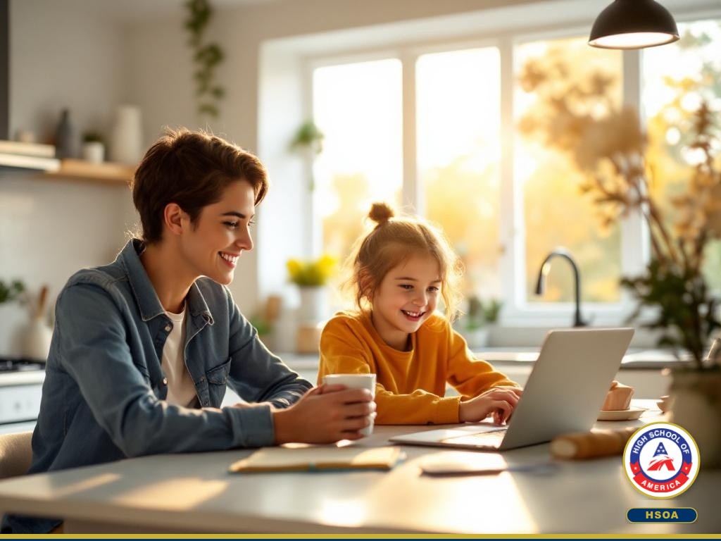 Family starting homeschool journey at home with laptop and morning light