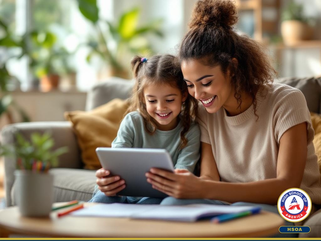 Mother and daughter doing online elementary school together on the couch