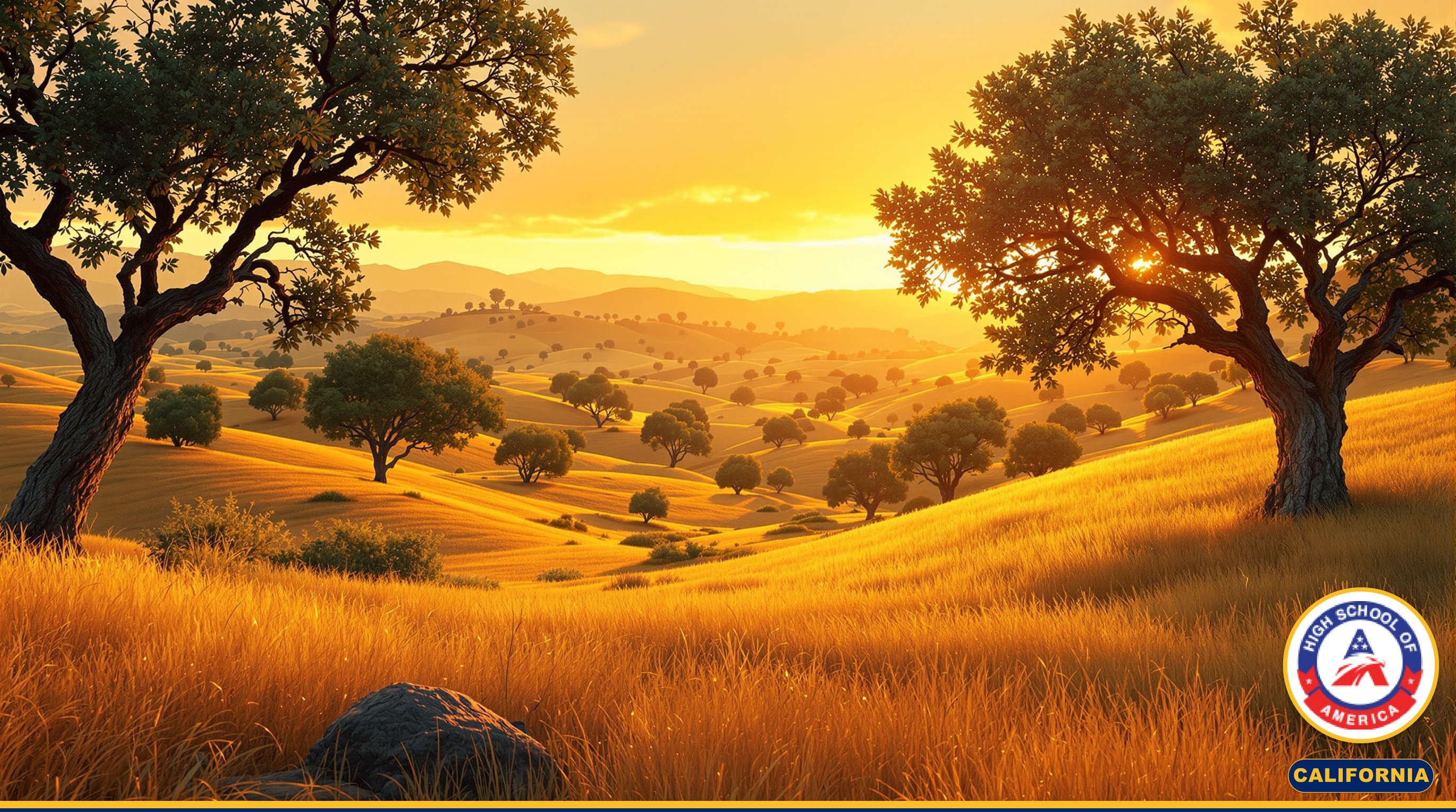 Inland California oak-studded golden hills at late afternoon