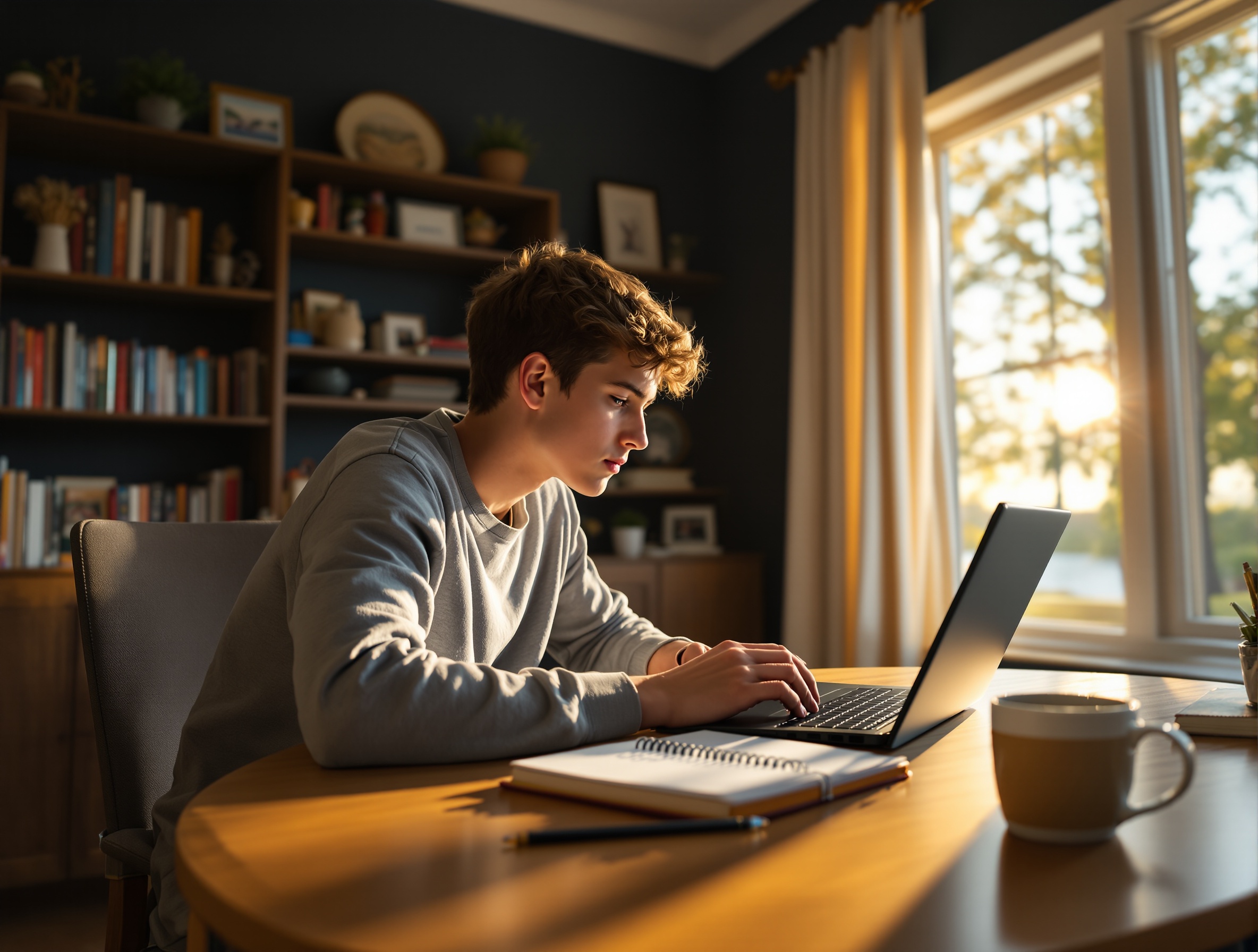 Older student at home desk in Hampton Roads Virginia studying online K-12 coursework on a laptop