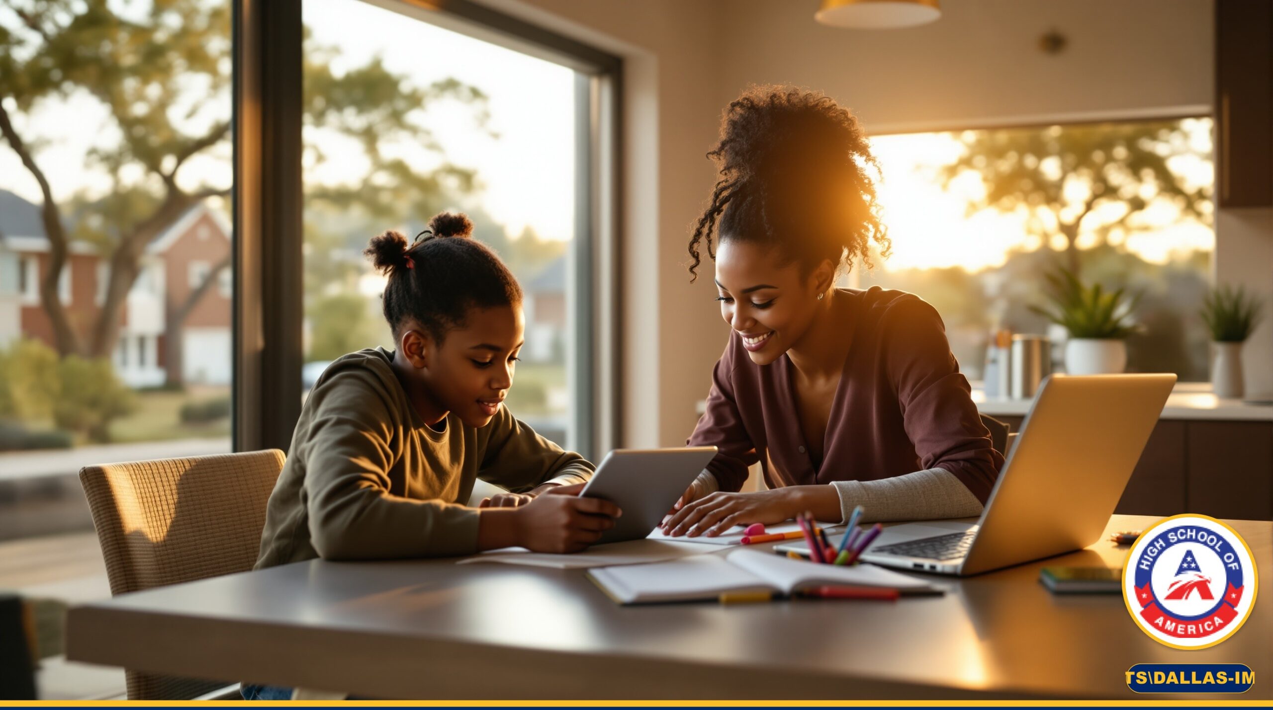 Diverse Dallas family doing online home school together