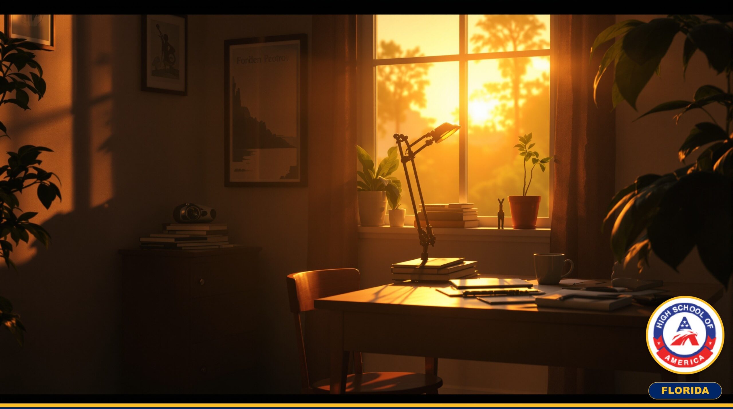 Quiet Florida home study desk in late afternoon light