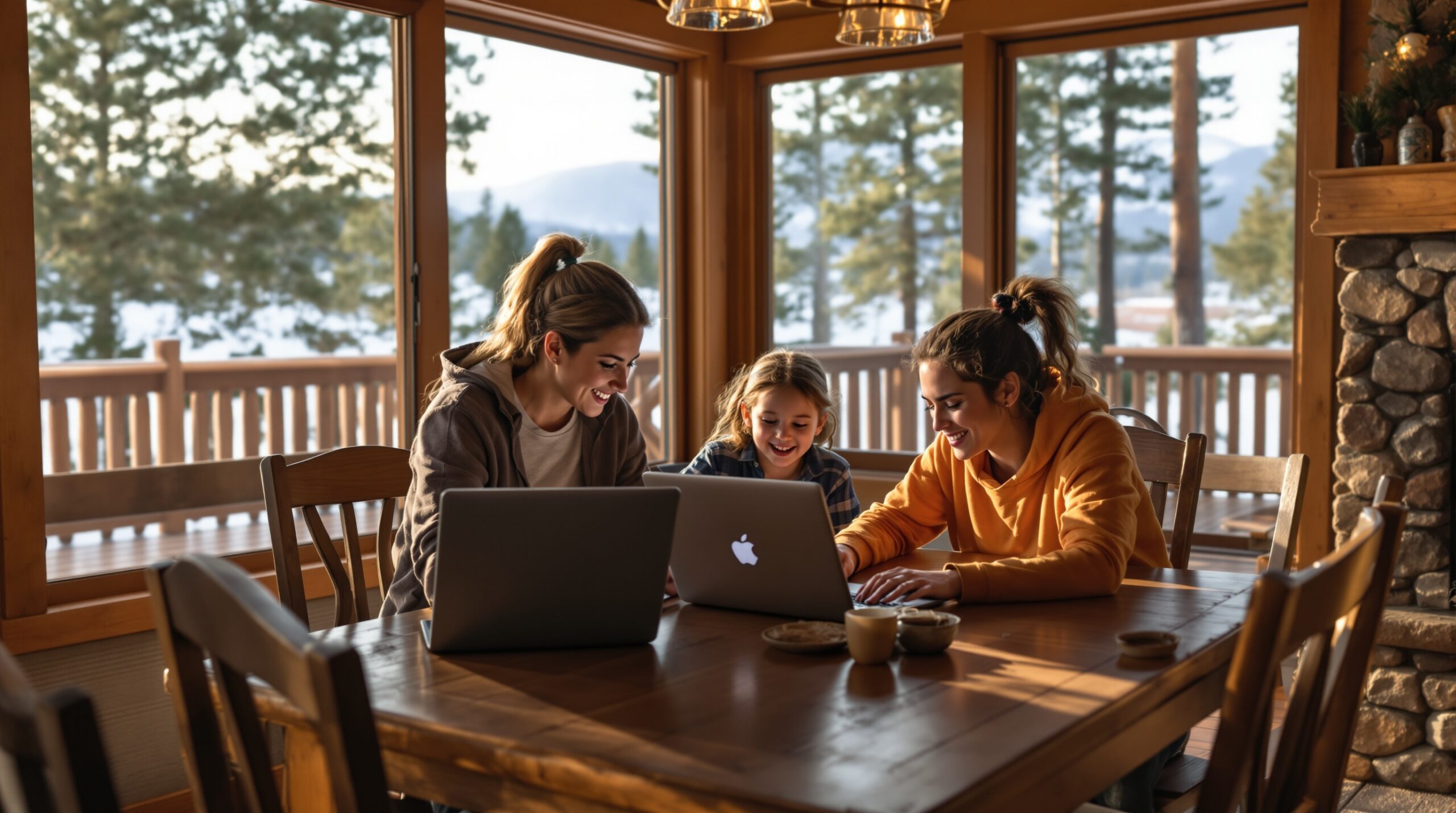 Flagstaff family at cabin with ponderosa pines, online homeschool in northern Arizona