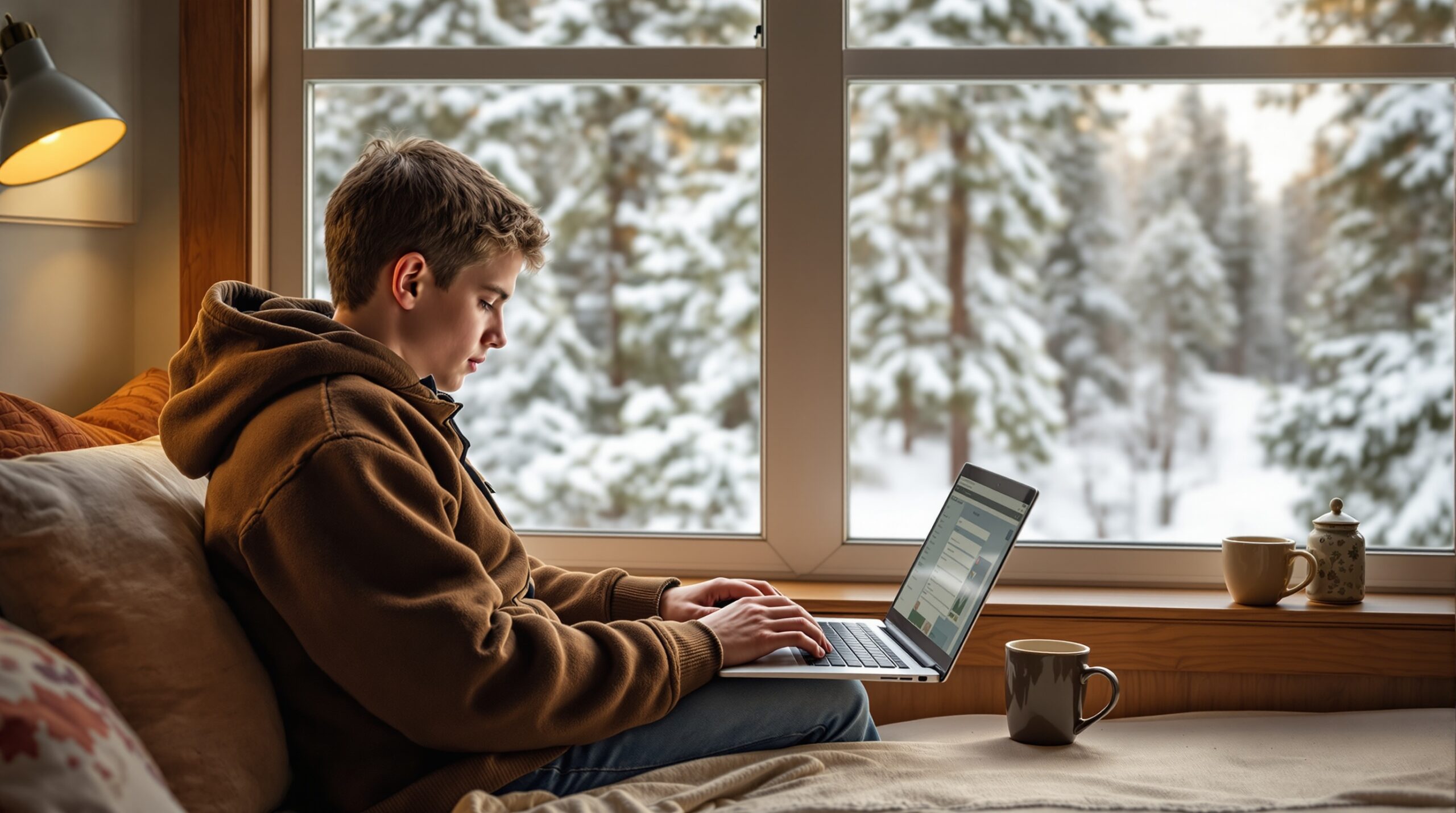 Flagstaff student studying online during snow day in northern Arizona