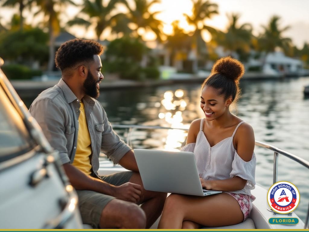 Fort Lauderdale family studying on a boat in the Intracoastal