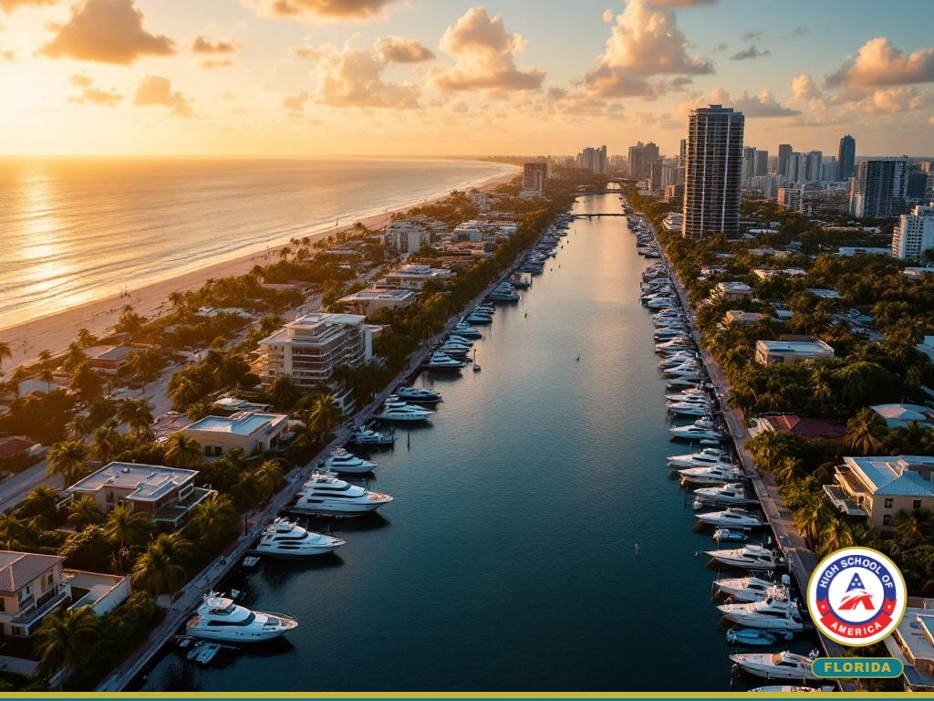 Fort Lauderdale aerial view at golden hour - Intracoastal Waterway, yachts, beach, skyline