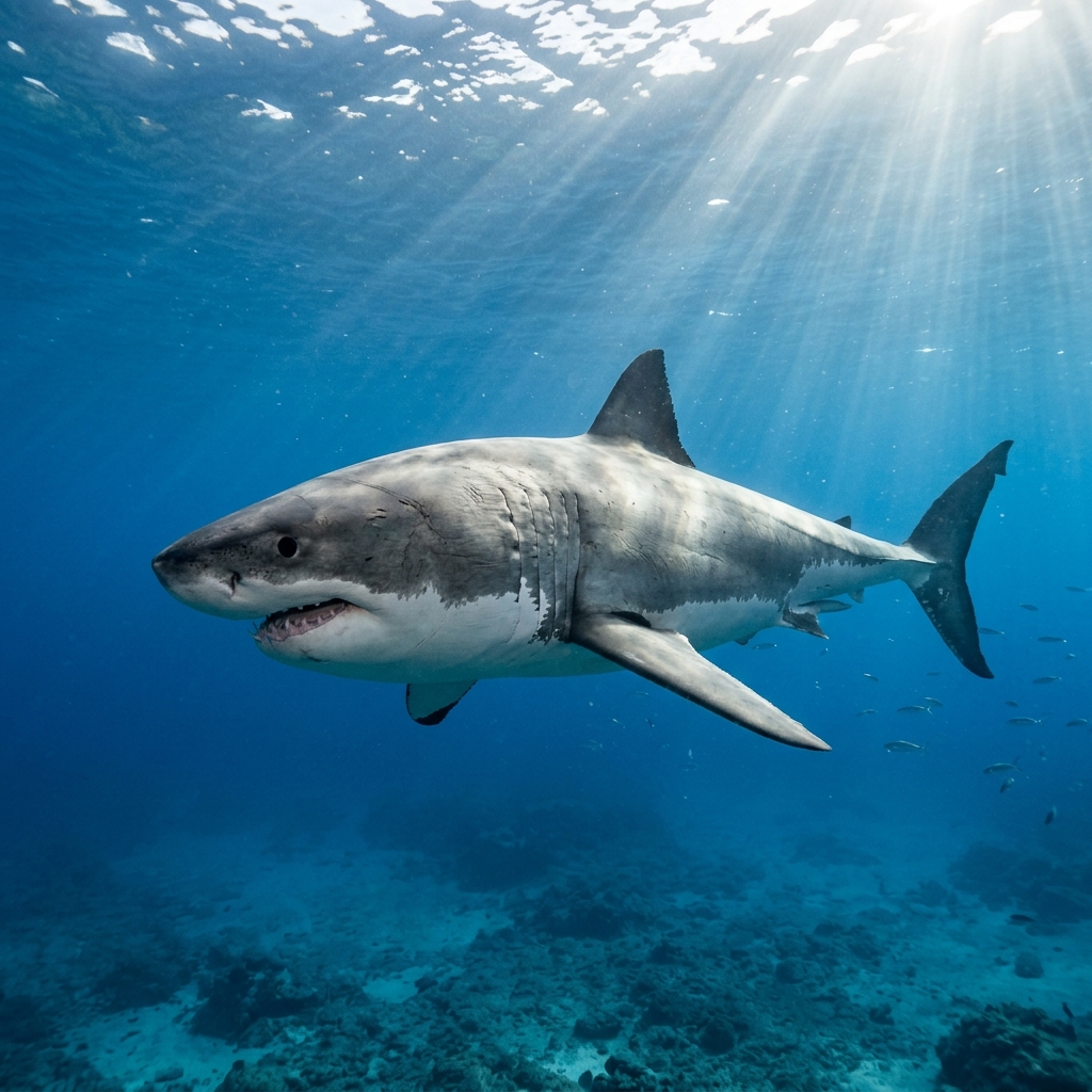 Cinematic underwater shot of a Great White Shark swimming in clear blue ocean water, capturing the detail and power of the apex predator.