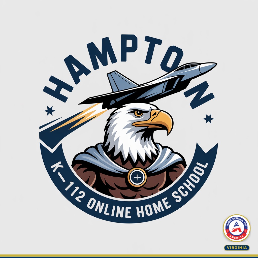 Hampton K-12 Online Home School HSOA eagle mascot with F-22 jet and NASA rocket silhouette