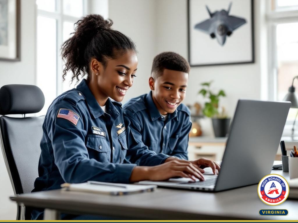 Hampton student and parent reviewing online coursework together