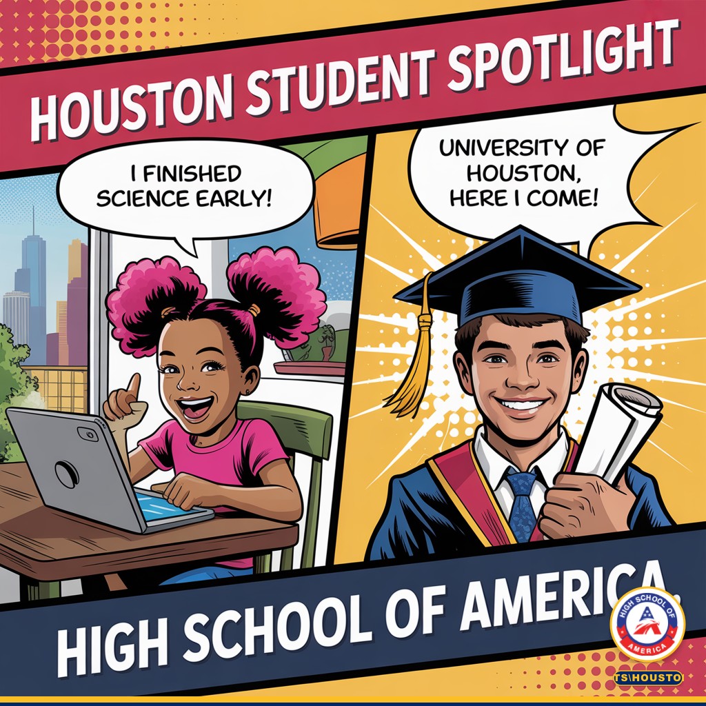 Houston Student Spotlight comic - elementary and high school students at High School of America