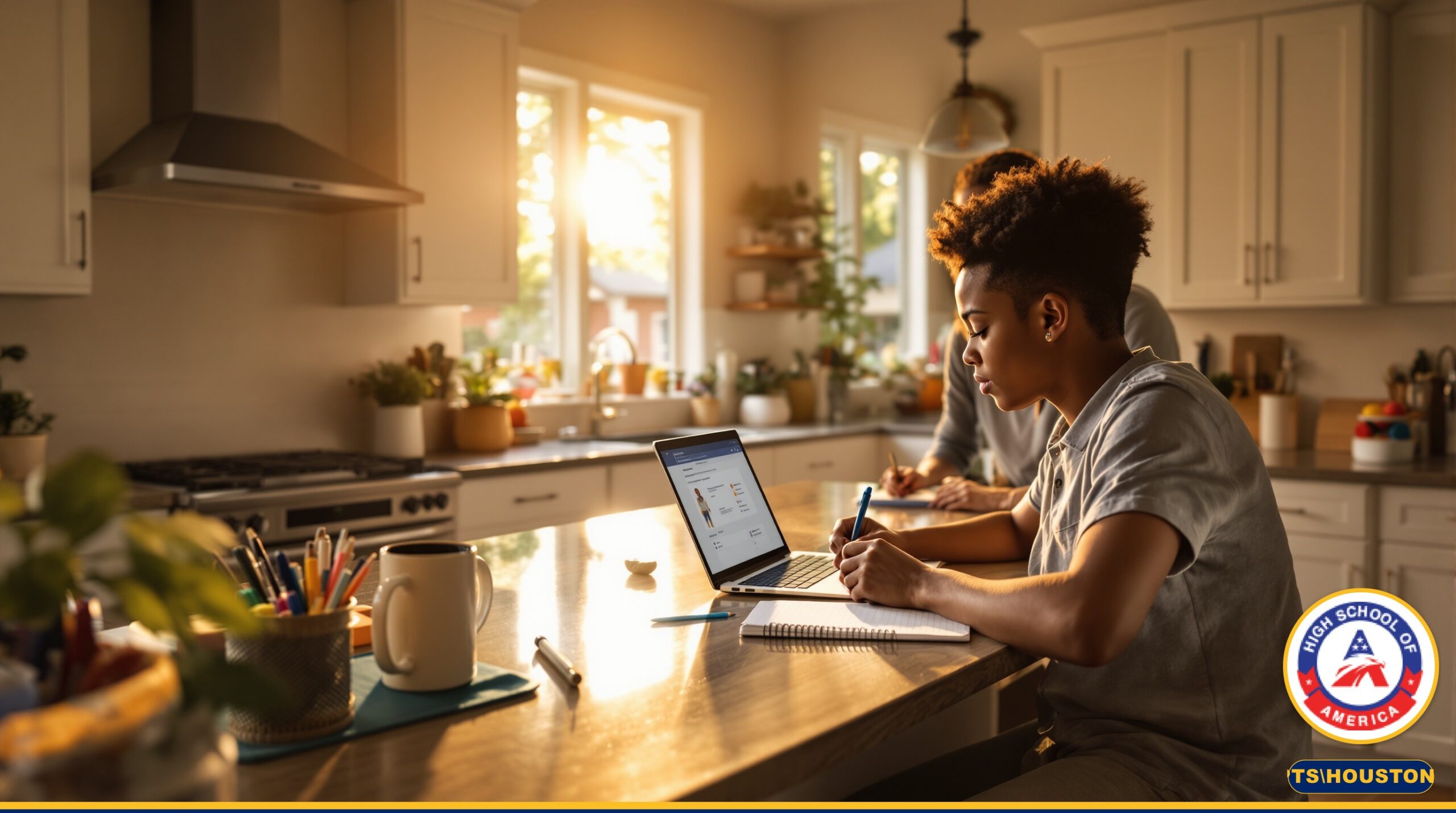 Houston family doing online home school at kitchen table