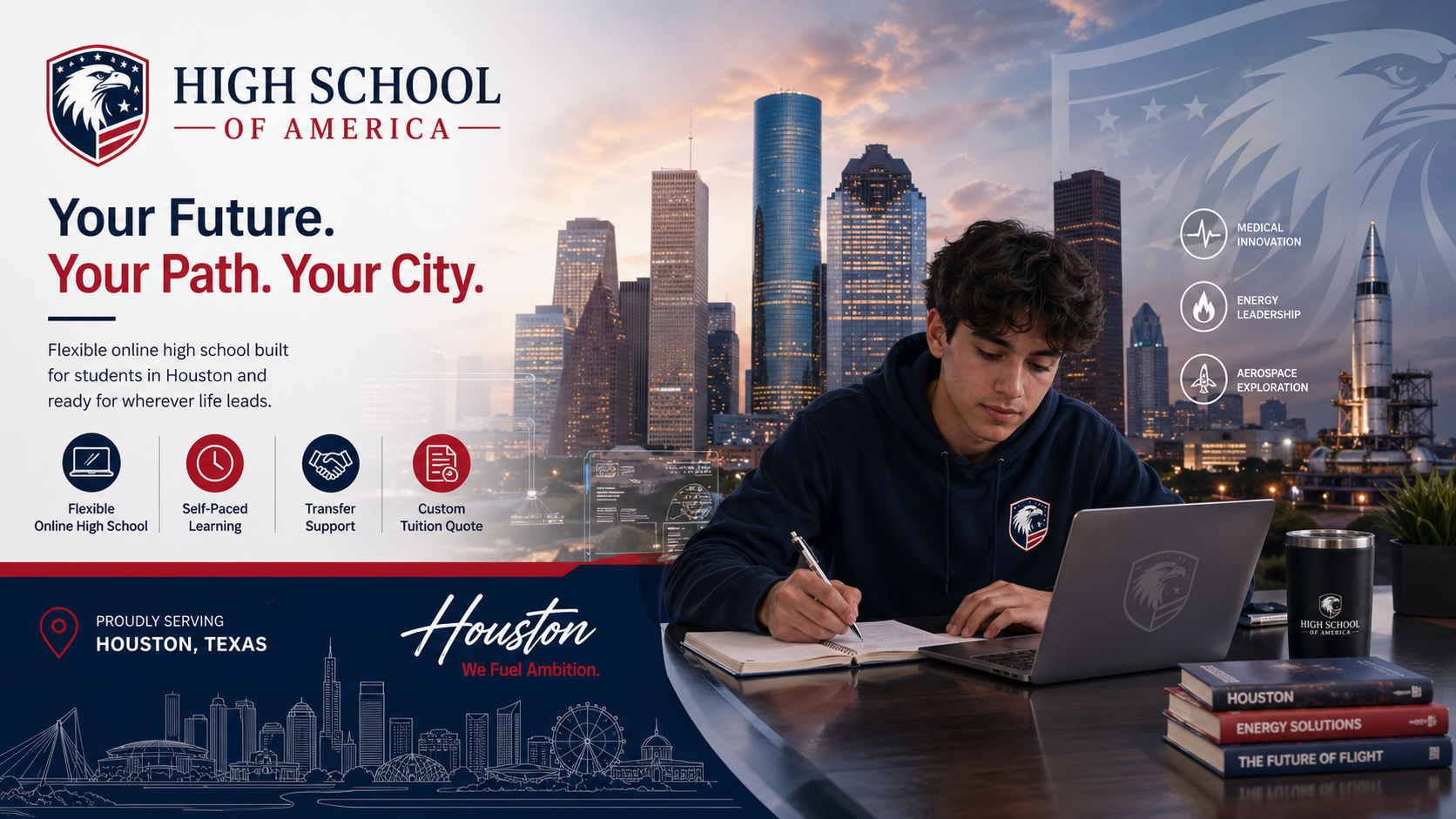 Houston Online High School from High School of America. Houston skyline with downtown towers, Texas Medical Center cue, eagle crest branding, and academic planning dashboard for accredited grades 9 to 12.