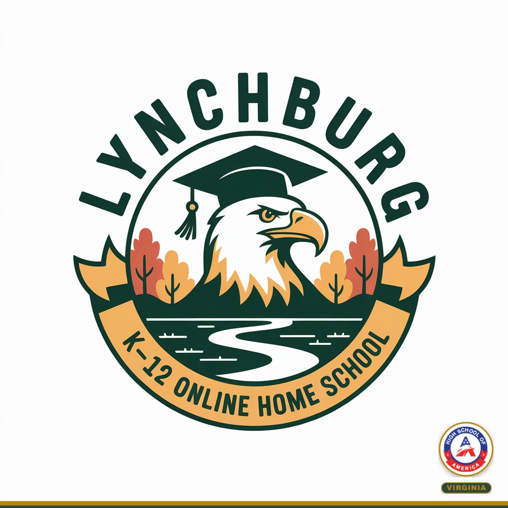 Lynchburg K-12 Online Home School HSOA eagle mascot with Blue Ridge Mountains and James River