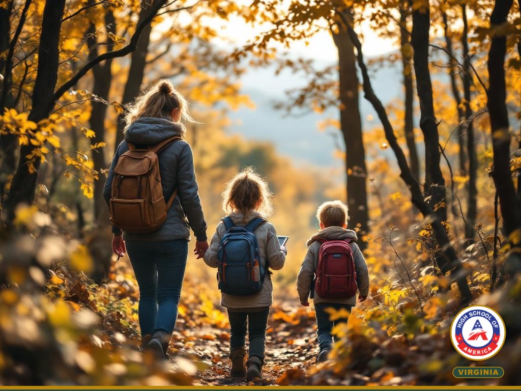 Family hiking Blue Ridge Mountains near Lynchburg Virginia