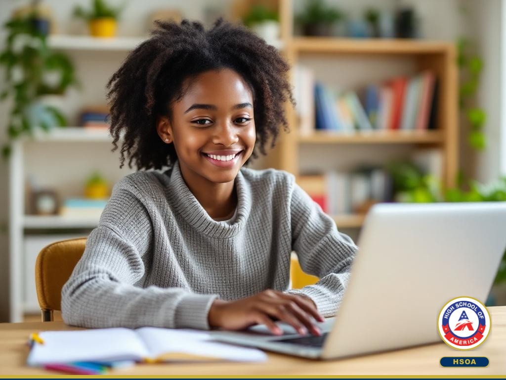 Confident middle school student doing online coursework at home