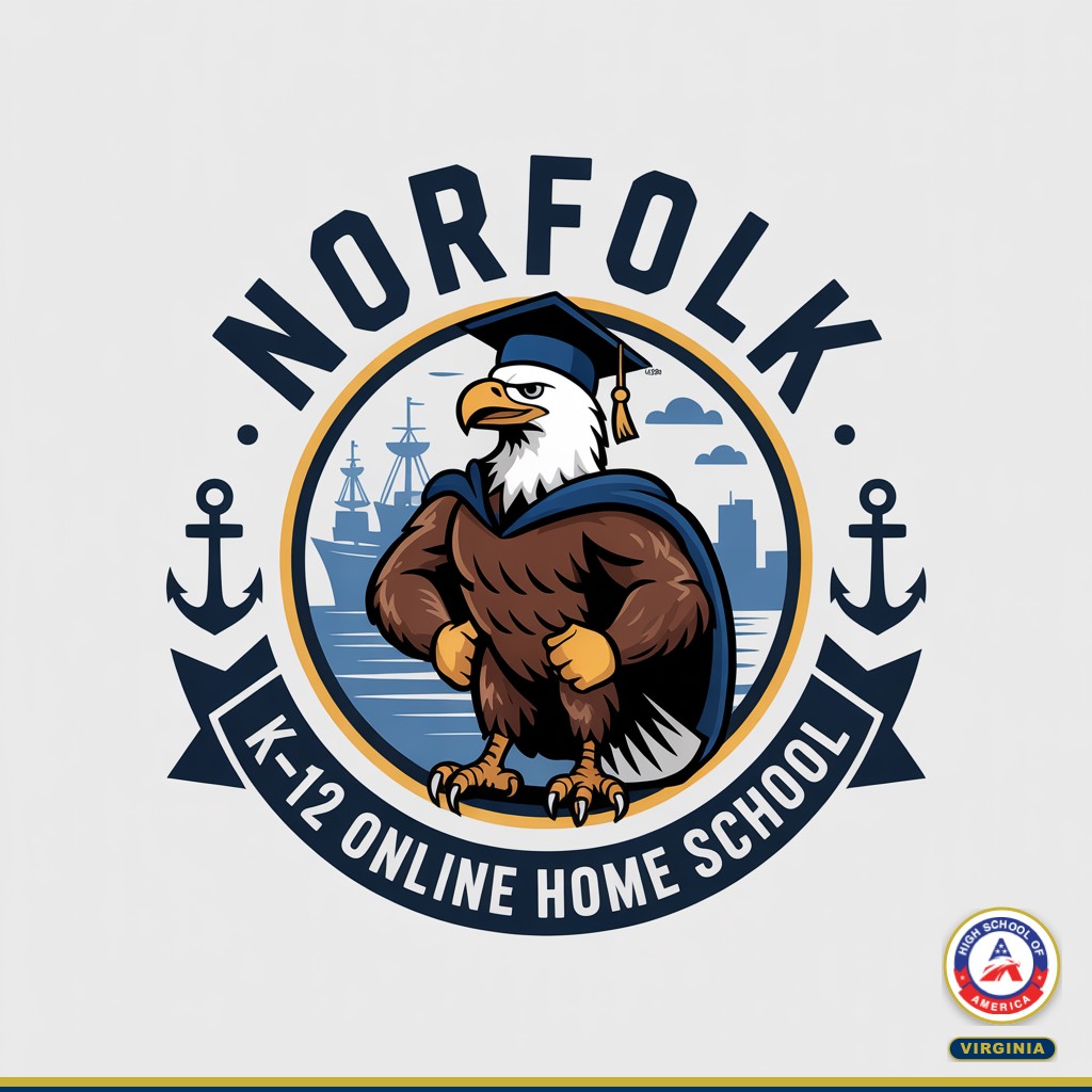 Norfolk K-12 Online Home School HSOA eagle mascot with naval ships and waterfront