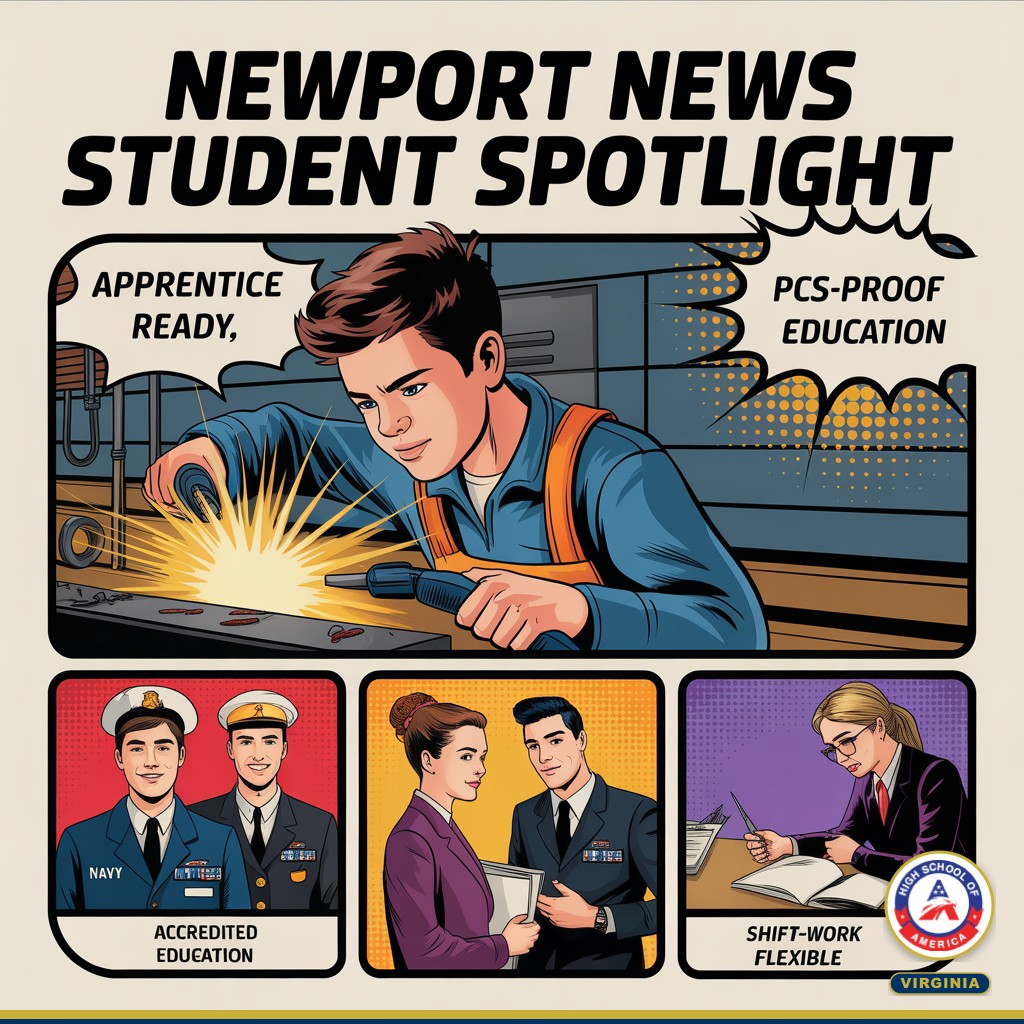 Newport News Student Spotlight comic infographic - shipyard, military, diploma, flexible