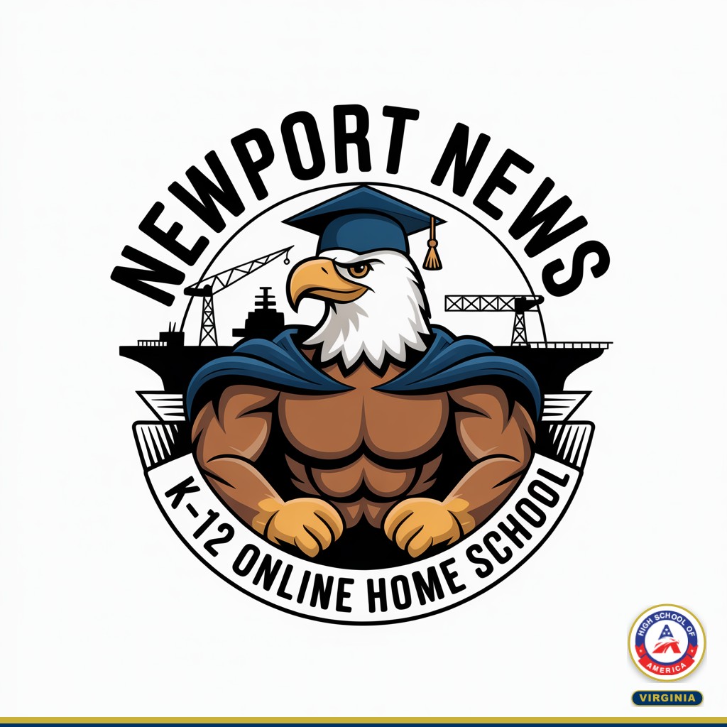 Newport News K-12 Online Home School HSOA eagle mascot with aircraft carrier and shipyard cranes